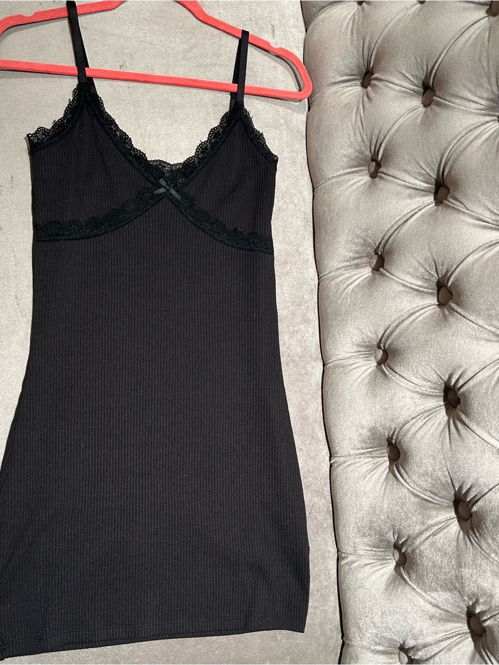 H&M Black Ribbed Lace-Trim Slip Mini Dress